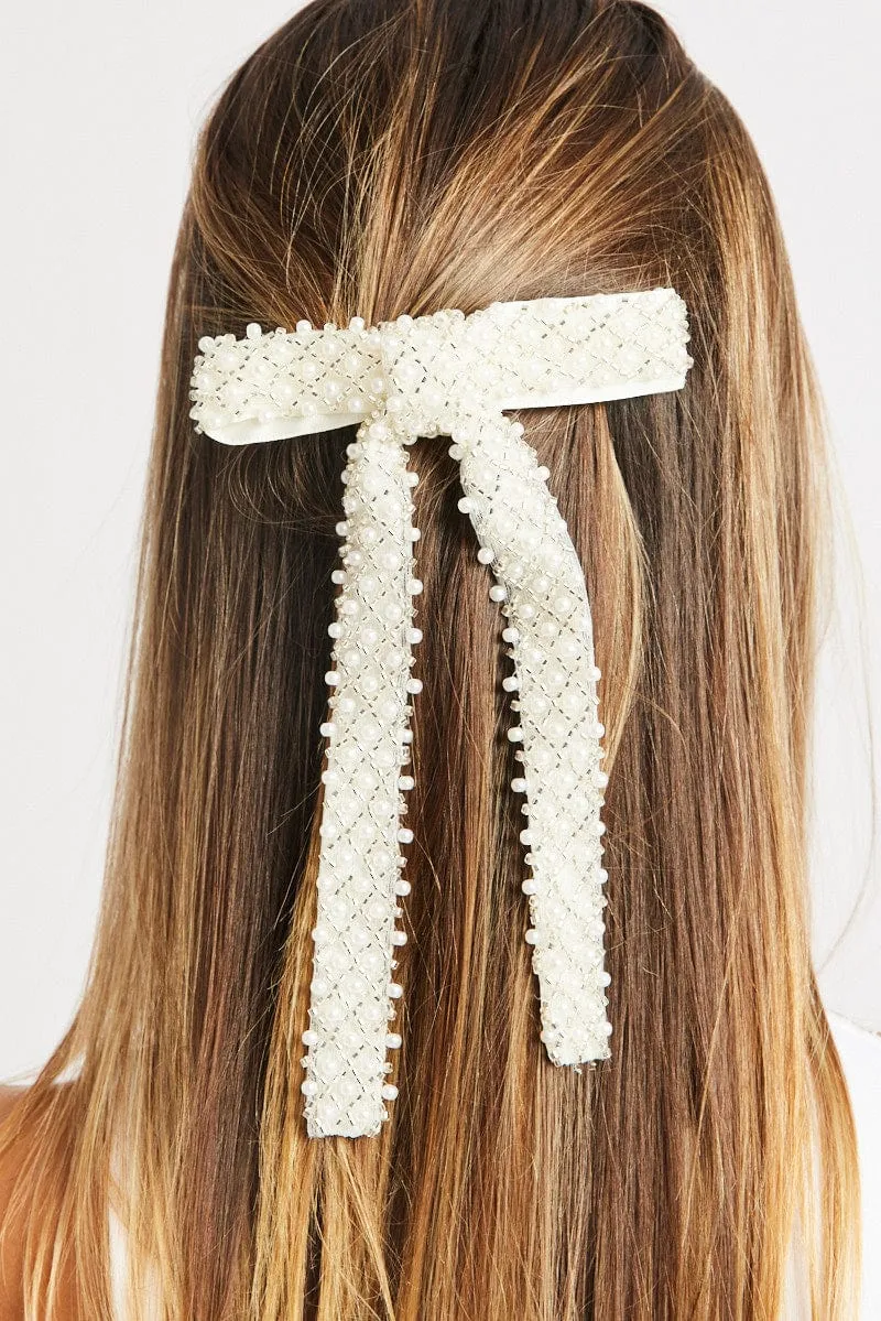 White Pearl Bow Hair Clip sold by Ally Fashion