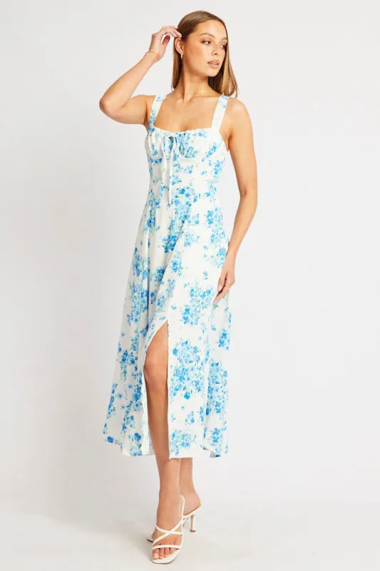 Blue Floral Midi Dress Gathered Bust sold by Ally Fashion