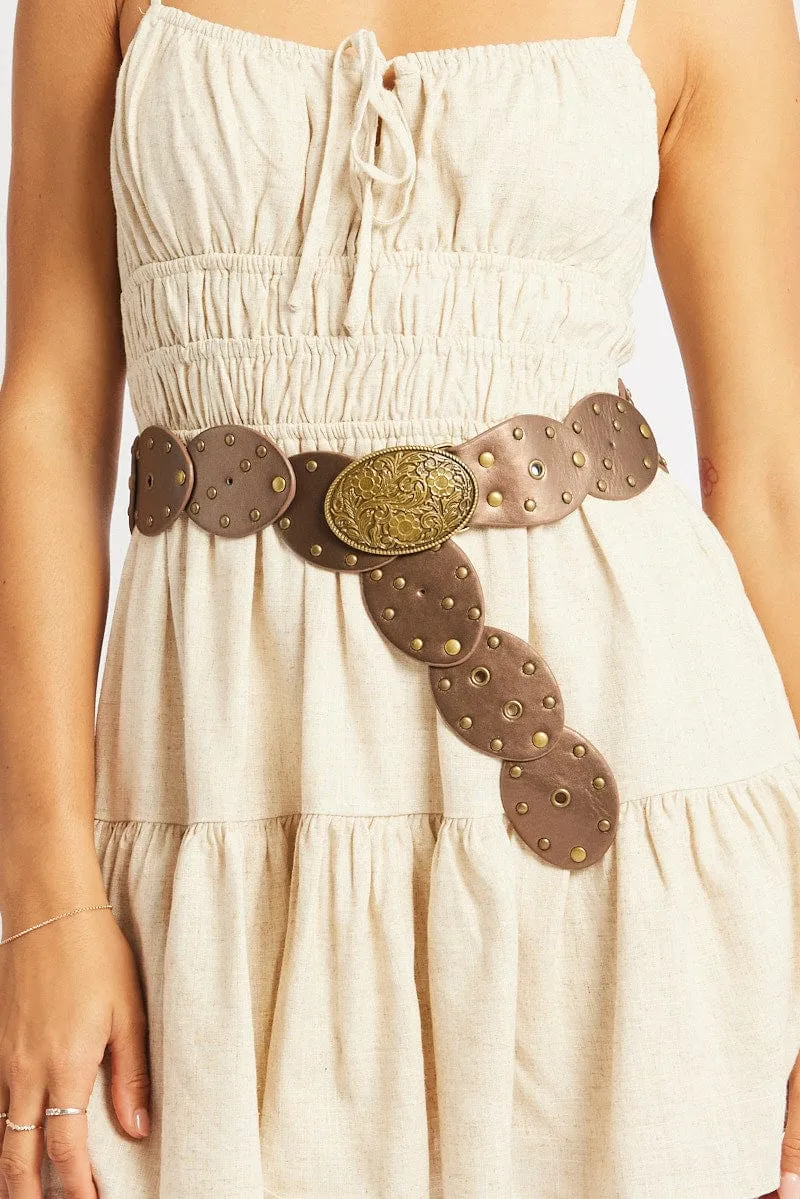Brown Oval Disc Western Waist Belt sold by Ally Fashion