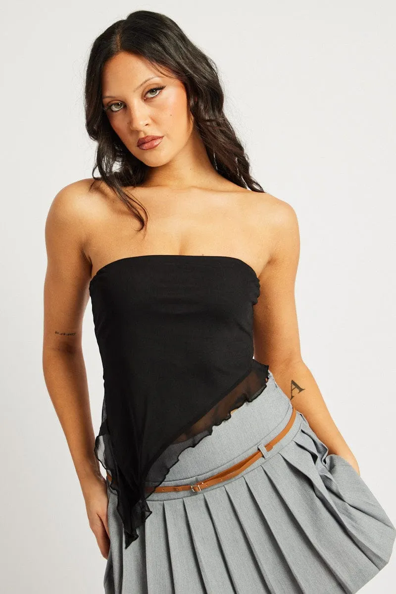 Black Bandeau Top Asymmetrical Ruffle Hem Mesh sold by Ally Fashion