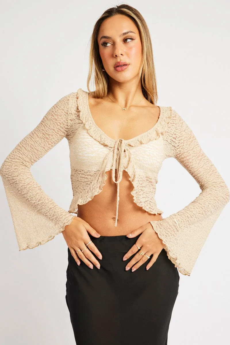 Beige Tie Front Frill Top Long Sleeve Lace sold by Ally Fashion product image thumbnail 2