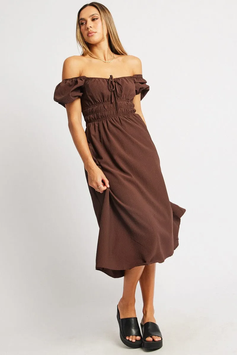 Brown Midi Dress Short Sleeve Ruched Bust sold by Ally Fashion