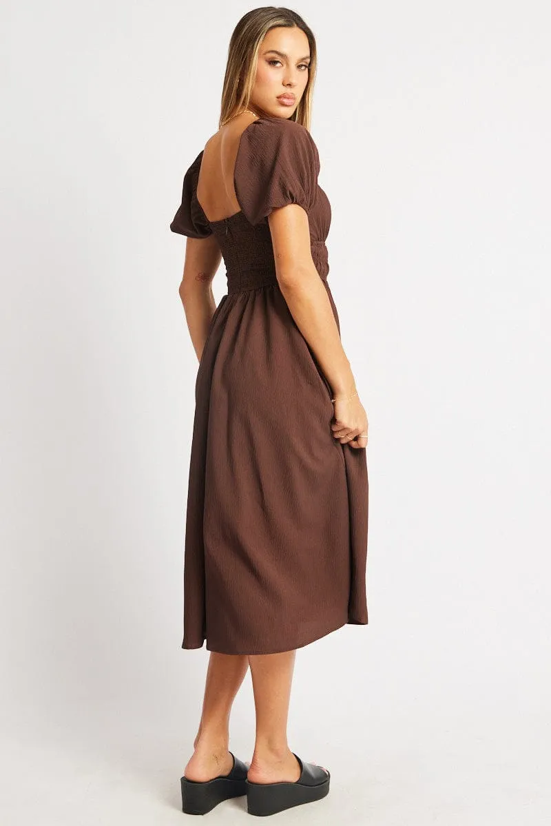 Brown Midi Dress Short Sleeve Ruched Bust sold by Ally Fashion product image thumbnail 5
