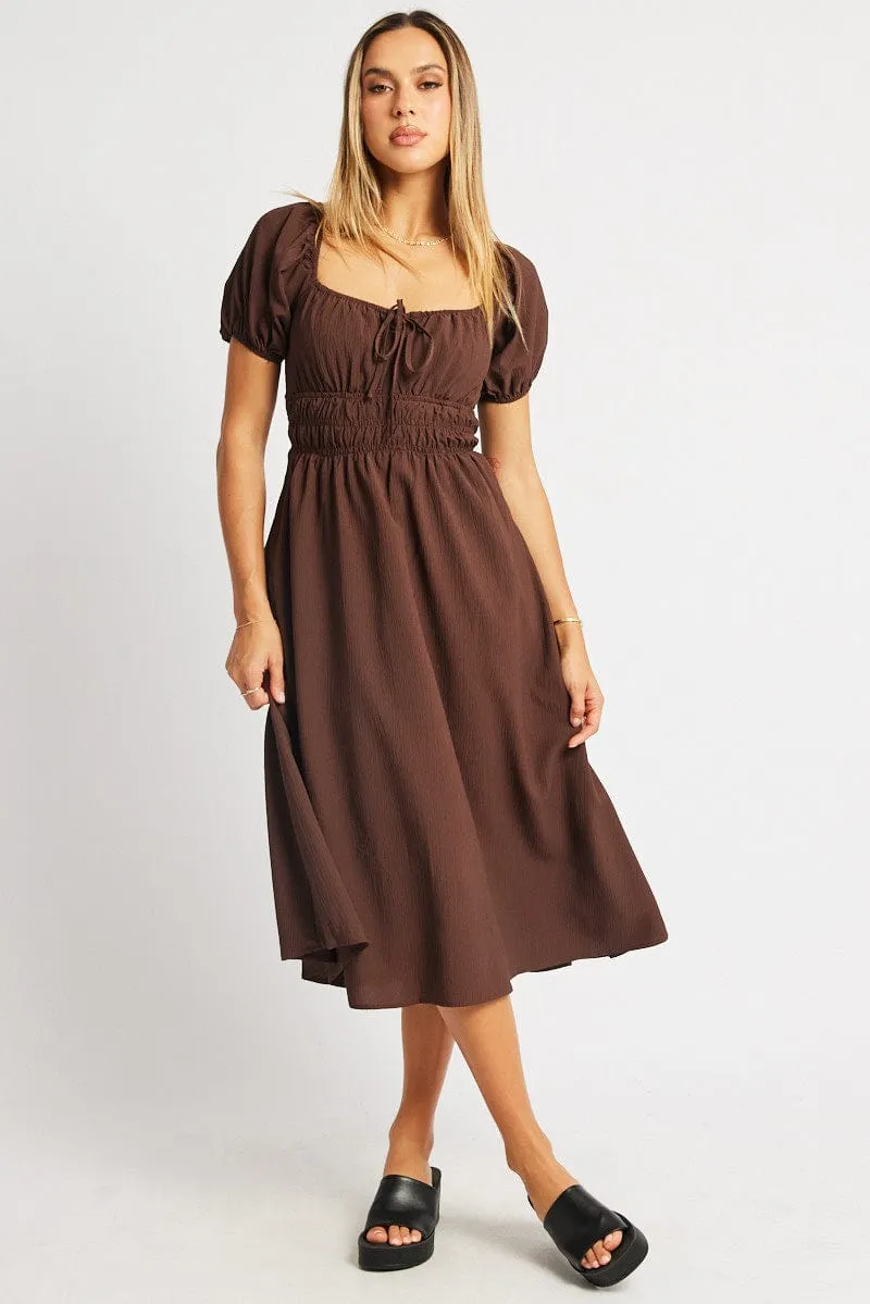 Brown Midi Dress Short Sleeve Ruched Bust sold by Ally Fashion product image thumbnail 2