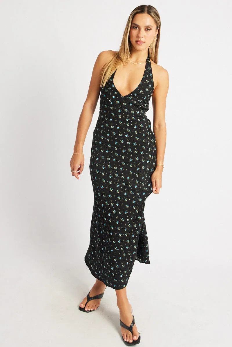 Black Ditsy Midi Dress Halter Neck sold by Ally Fashion