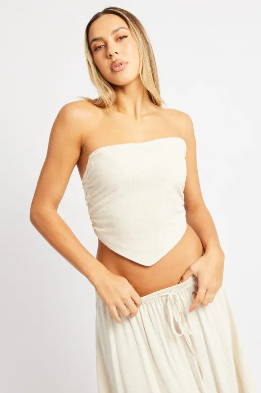 Beige Scarf Top Boob Tube Shirred Back Linen Blend sold by Ally Fashion