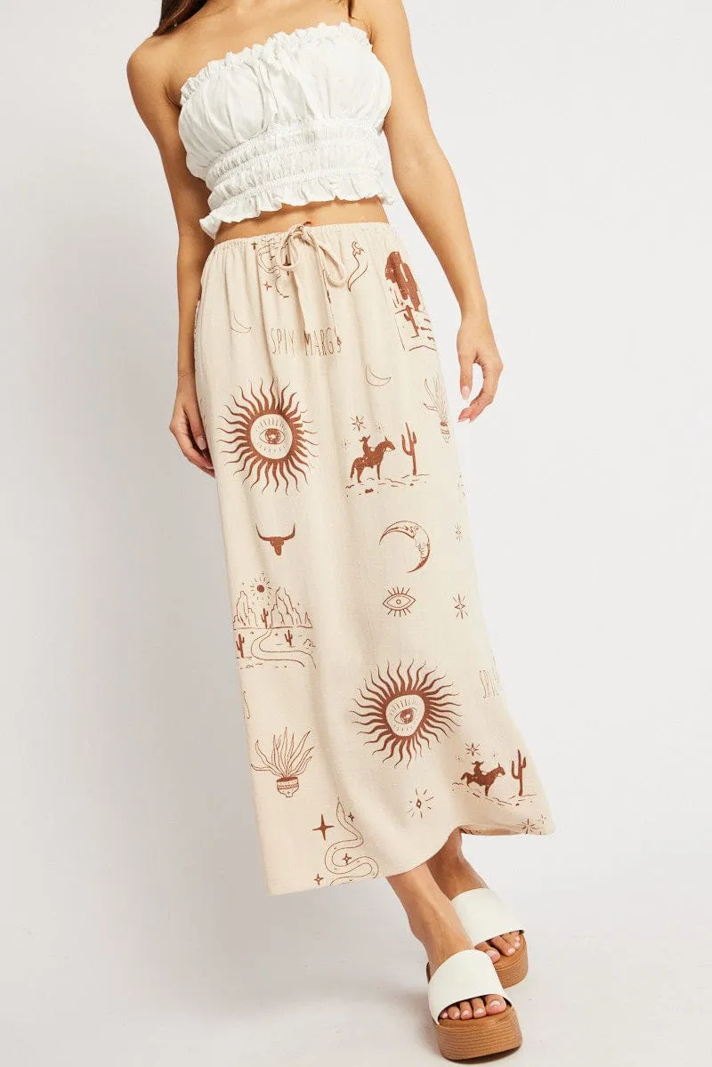Beige Abstract Midaxi Skirt Relaxed Fit Elastic Waist sold by Ally Fashion