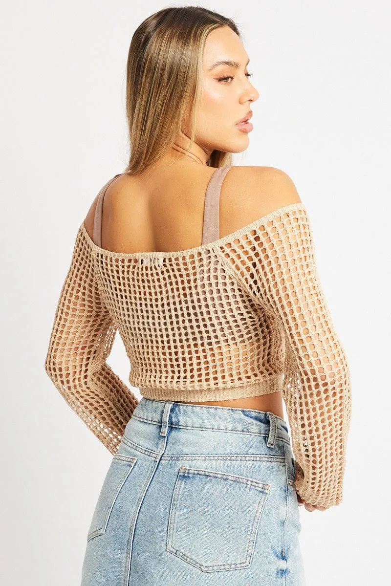Beige Crochet Knit Top Long Sleeve Square Neck sold by Ally Fashion product image thumbnail 5
