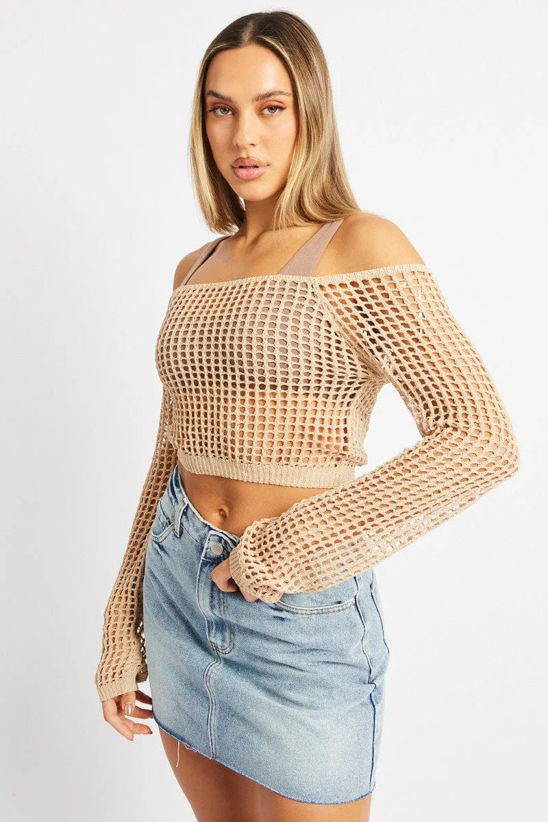 Beige Crochet Knit Top Long Sleeve Square Neck sold by Ally Fashion product image thumbnail 3
