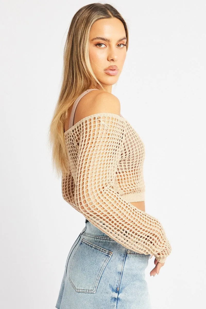 Beige Crochet Knit Top Long Sleeve Square Neck sold by Ally Fashion product image thumbnail 4