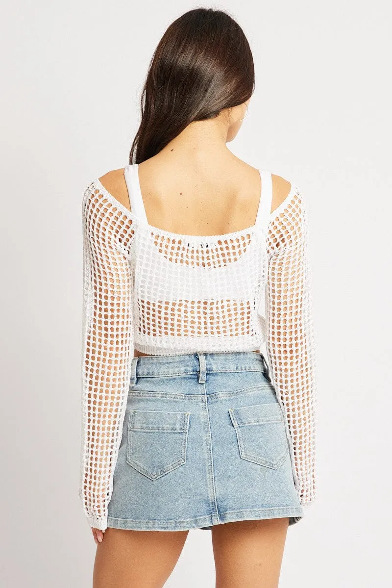 White Crochet Knit Top Long Sleeve Square Neck sold by Ally Fashion product image thumbnail 5