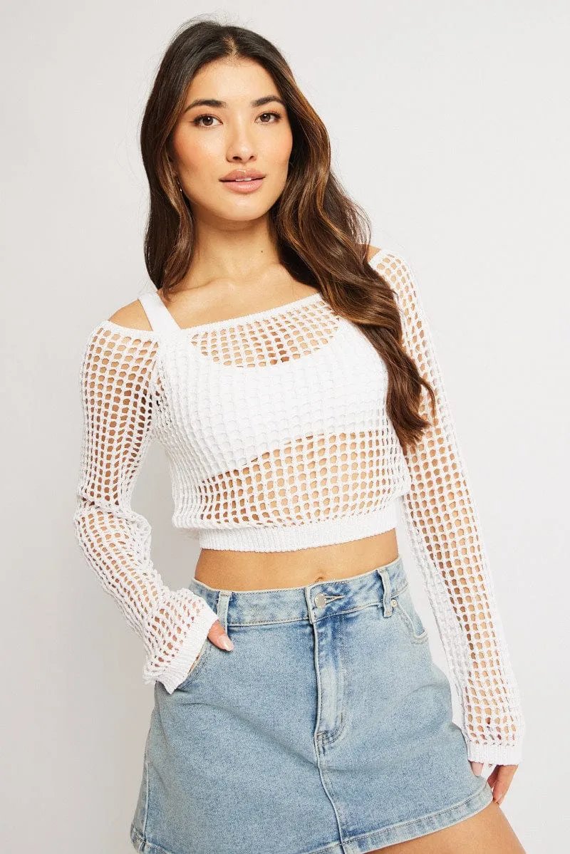 White Crochet Knit Top Long Sleeve Square Neck sold by Ally Fashion product image thumbnail 3