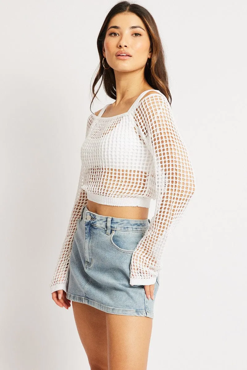 White Crochet Knit Top Long Sleeve Square Neck sold by Ally Fashion product image thumbnail 4