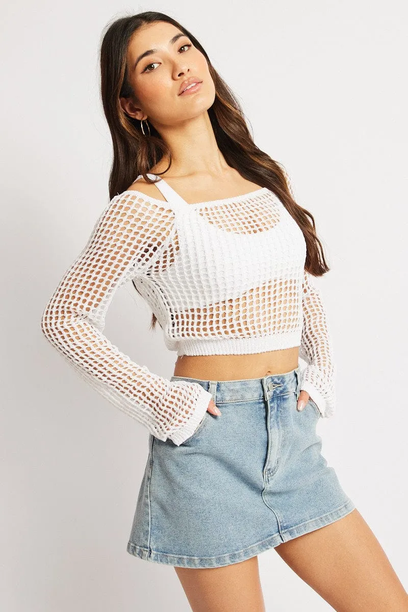 White Crochet Knit Top Long Sleeve Square Neck sold by Ally Fashion