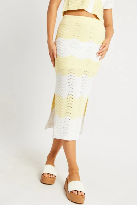 Yellow Stripe Crochet Skirt High Rise Elastic Waist Midi Lined sold by Ally Fashion