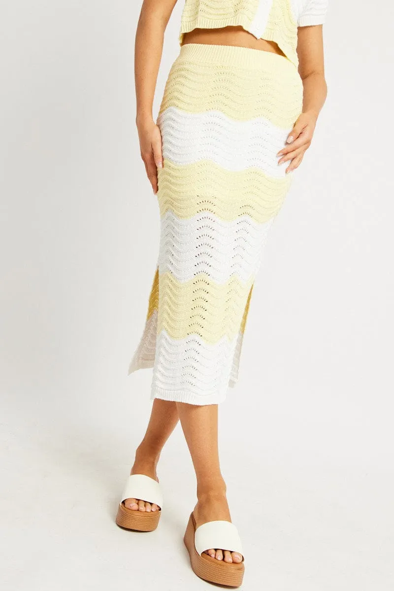 Yellow Stripe Crochet Skirt High Rise Elastic Waist Midi Lined sold by Ally Fashion