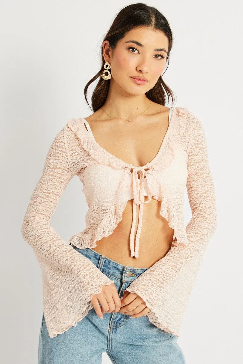 Pink Tie Front Frill Top Long Sleeve Lace sold by Ally Fashion