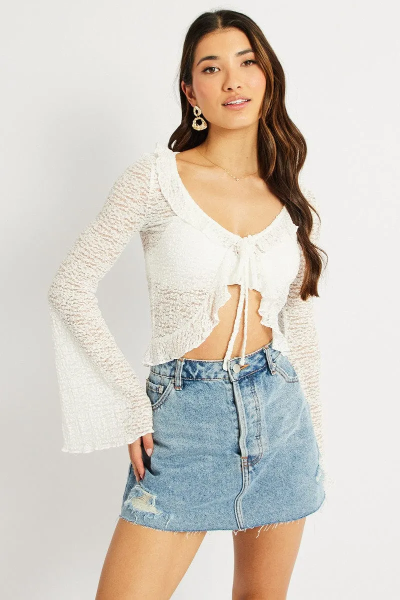 White Tie Front Frill Top Long Sleeve Lace sold by Ally Fashion product image thumbnail 3