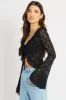 Black Tie Front Frill Top Long Sleeve Lace sold by Ally Fashion