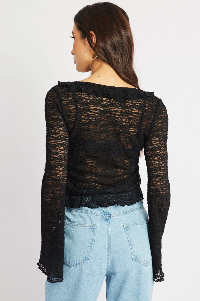 Black Tie Front Frill Top Long Sleeve Lace sold by Ally Fashion product image thumbnail 5