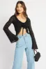 Black Tie Front Frill Top Long Sleeve Lace sold by Ally Fashion