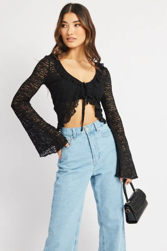 Black Tie Front Frill Top Long Sleeve Lace sold by Ally Fashion