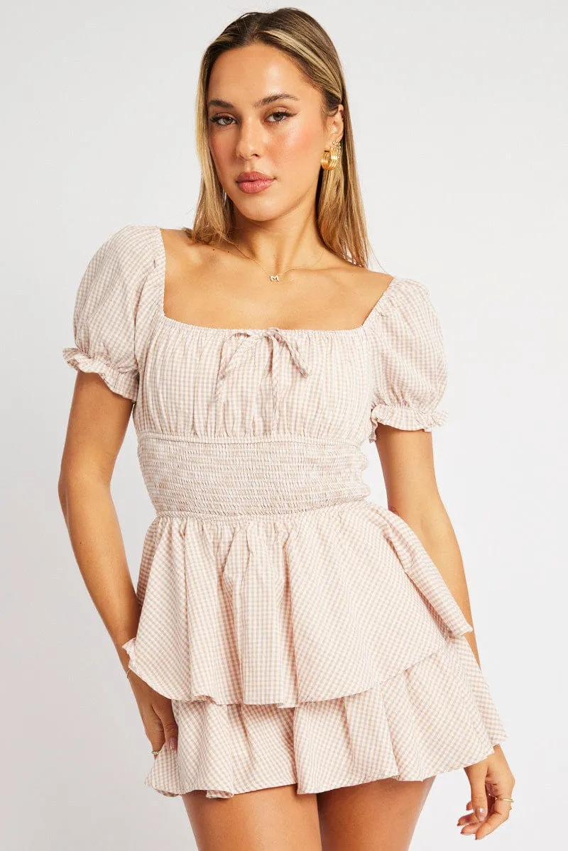 Beige Check Ruffle Playsuit Short Sleeve Ruched Bust sold by Ally Fashion product image thumbnail 3