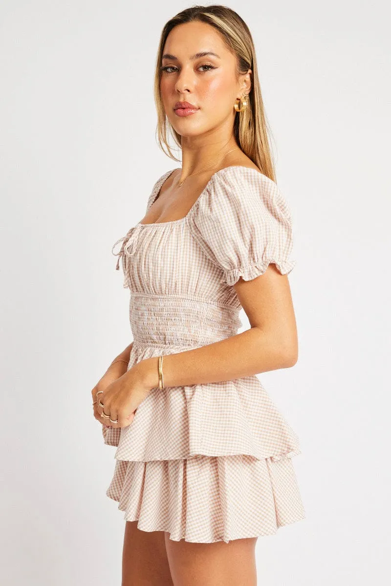 Beige Check Ruffle Playsuit Short Sleeve Ruched Bust sold by Ally Fashion product image thumbnail 4