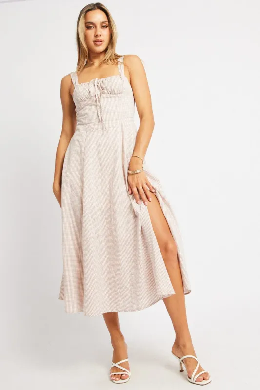 Beige Check Midi Dress Gathered Bust sold by Ally Fashion
