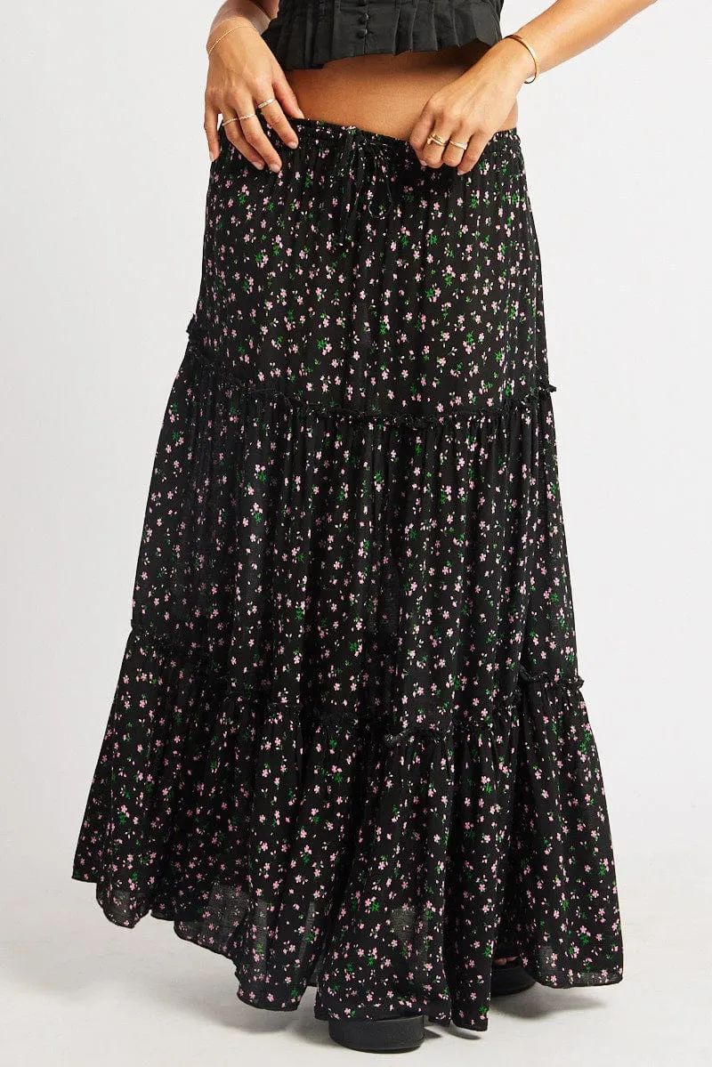 Black Ditsy Maxi Skirt Tiered High Rise Elastic Waistband sold by Ally Fashion product image thumbnail 3