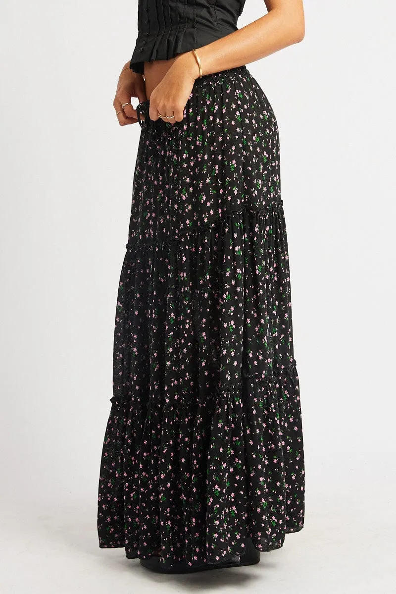 Black Ditsy Maxi Skirt Tiered High Rise Elastic Waistband sold by Ally Fashion product image thumbnail 4