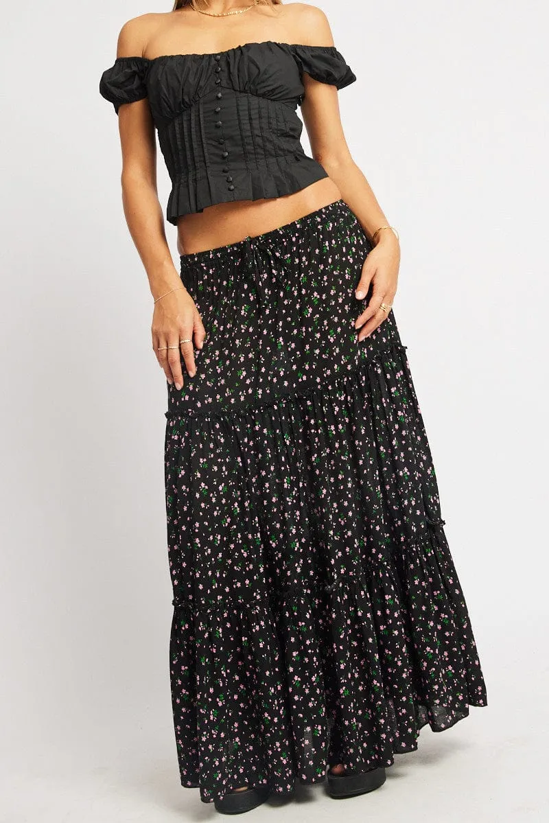 Black Ditsy Maxi Skirt Tiered High Rise Elastic Waistband sold by Ally Fashion