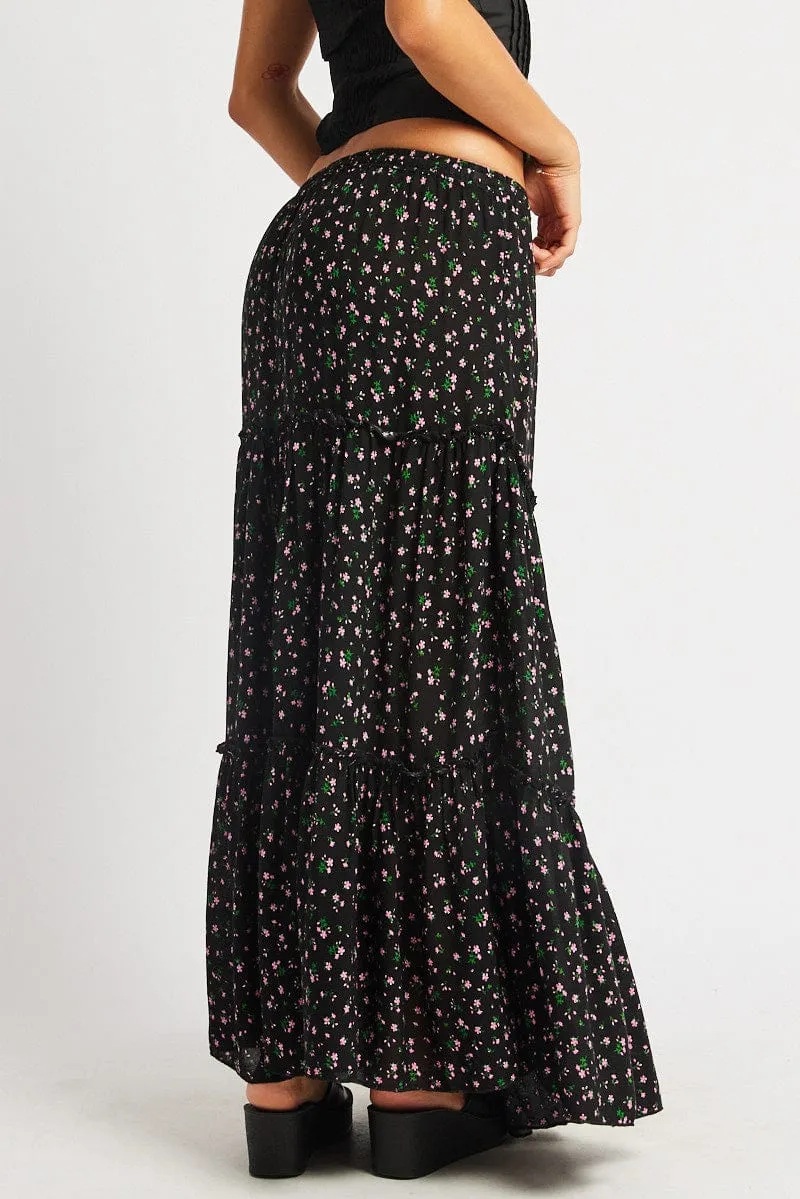 Black Ditsy Maxi Skirt Tiered High Rise Elastic Waistband sold by Ally Fashion product image thumbnail 5