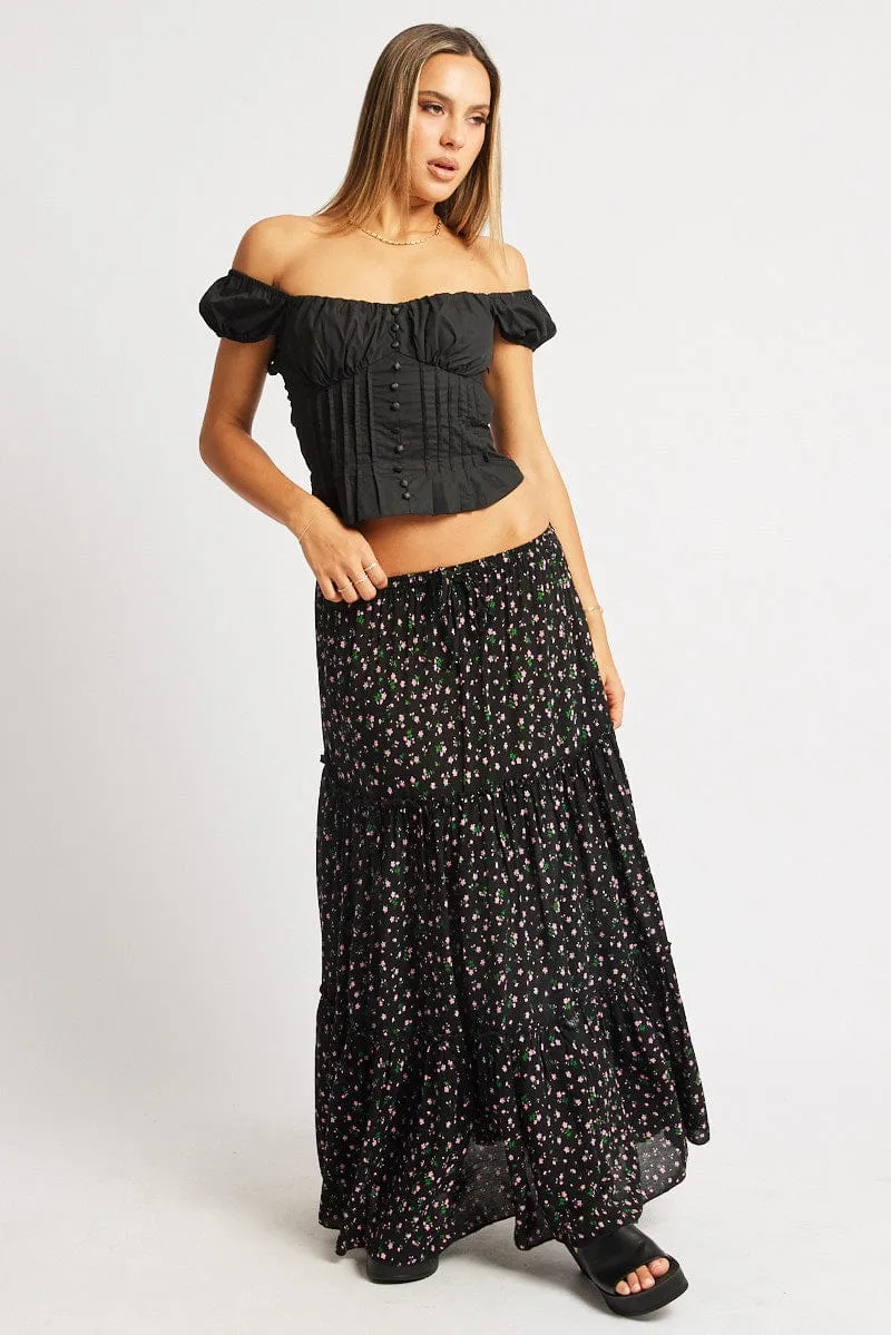Black Ditsy Maxi Skirt Tiered High Rise Elastic Waistband sold by Ally Fashion product image thumbnail 2