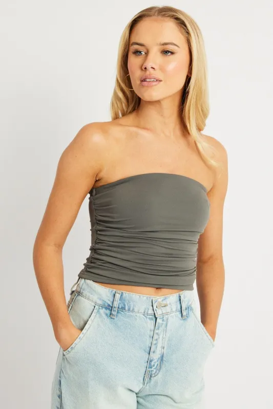Grey Bandeau Top Side Rushed Supersoft sold by Ally Fashion