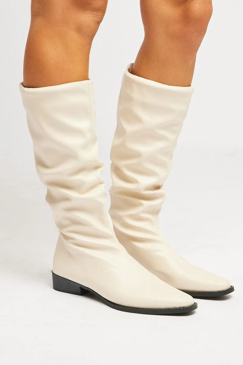 White Ruched Western Boots sold by Ally Fashion