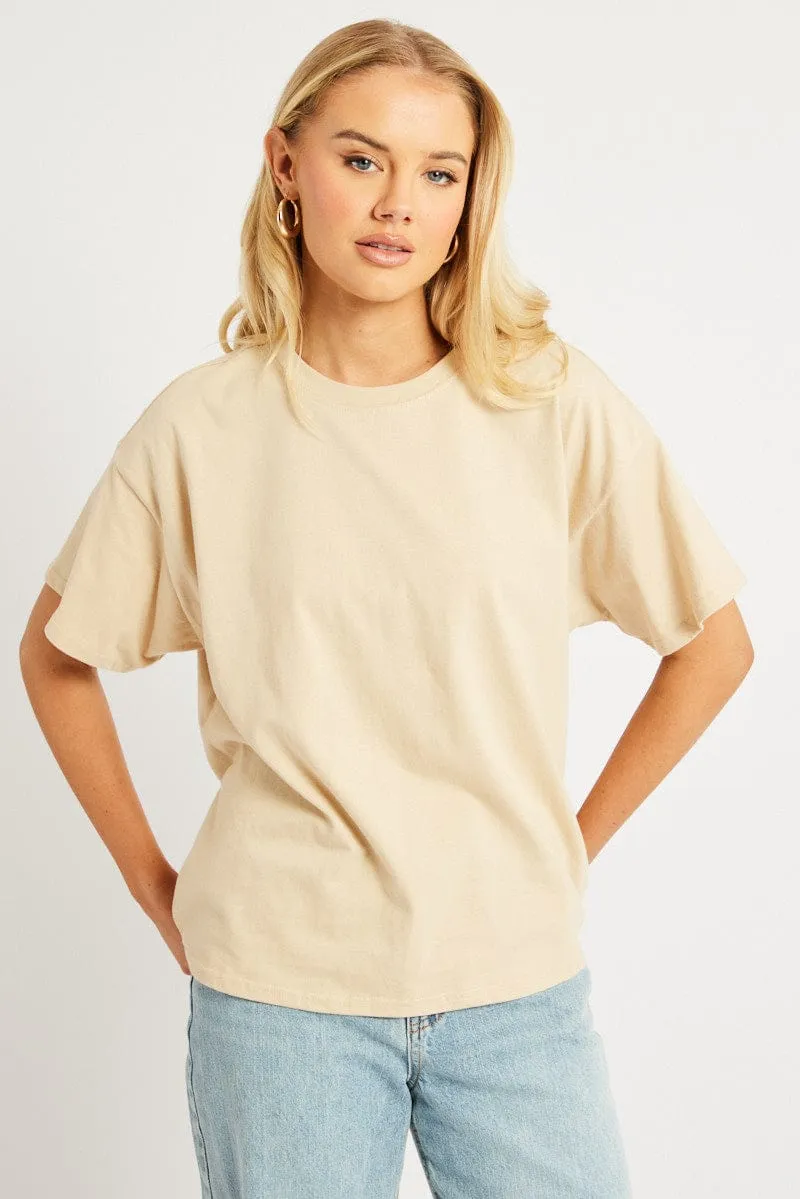 Beige Oversized T Shirt Short Sleeve Crew Neck sold by Ally Fashion product image thumbnail 3