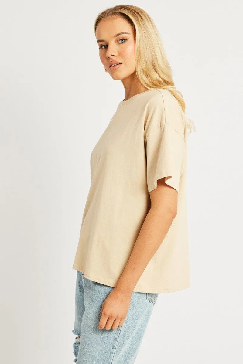 Beige Oversized T Shirt Short Sleeve Crew Neck sold by Ally Fashion product image thumbnail 4