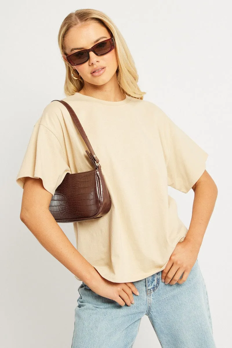 Beige Oversized T Shirt Short Sleeve Crew Neck sold by Ally Fashion