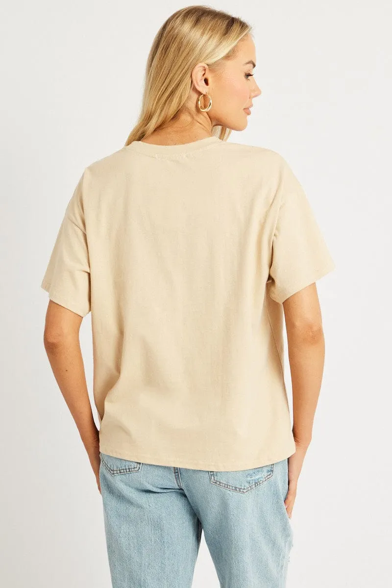 Beige Oversized T Shirt Short Sleeve Crew Neck sold by Ally Fashion product image thumbnail 5