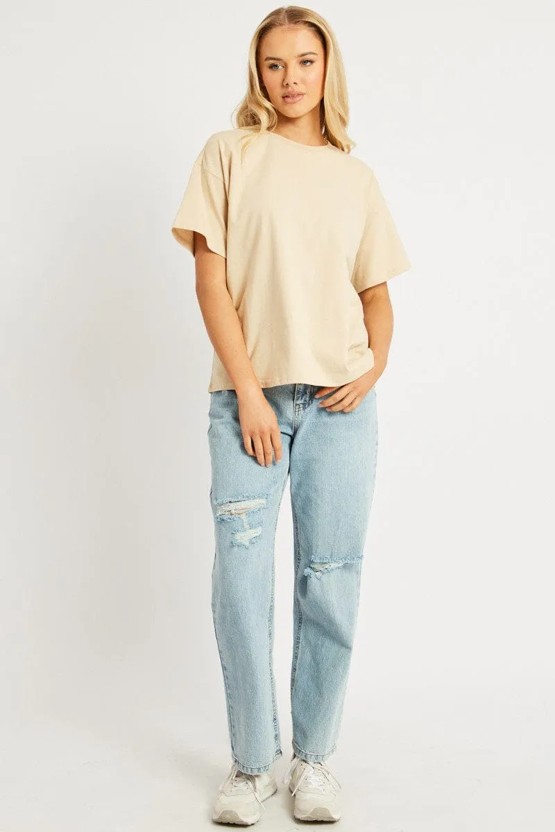 Beige Oversized T Shirt Short Sleeve Crew Neck sold by Ally Fashion product image thumbnail 2