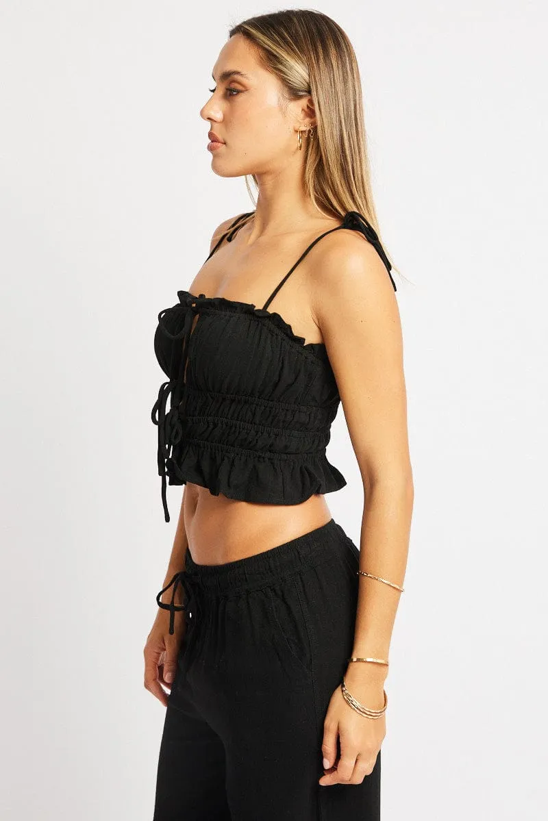 Black Cami Top Sleeveless Tie Front Linen Blend sold by Ally Fashion product image thumbnail 4