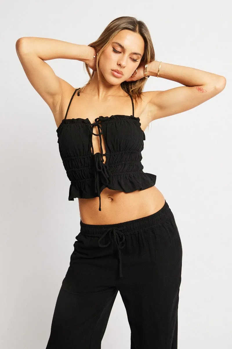Black Cami Top Sleeveless Tie Front Linen Blend sold by Ally Fashion