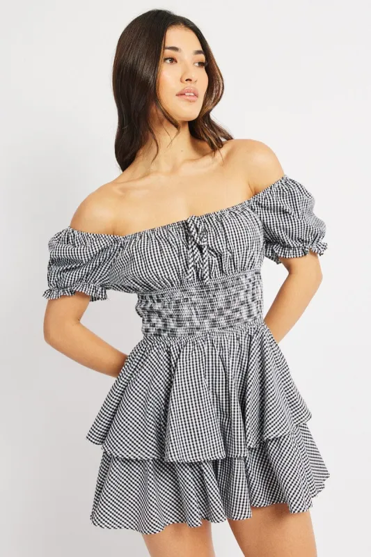 Black Check Ruffle Playsuit Short Sleeve Ruched Bust sold by Ally Fashion