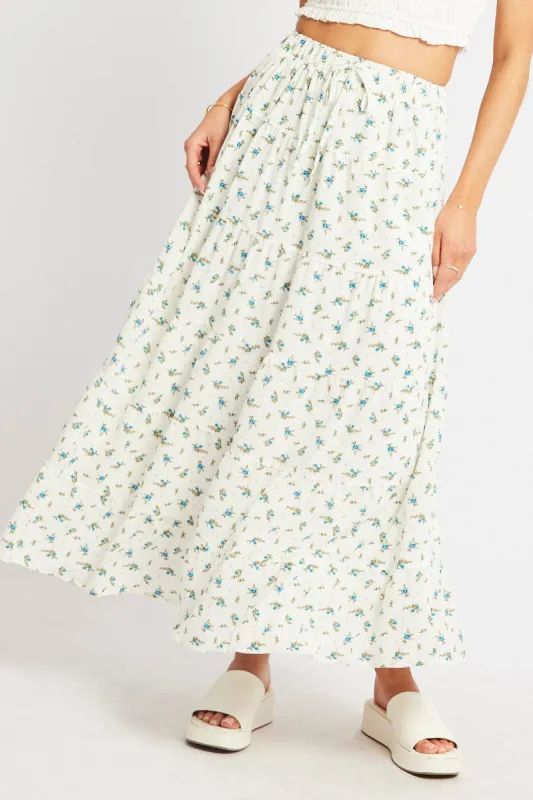White Ditsy Maxi Skirt Tiered High Rise Lined sold by Ally Fashion