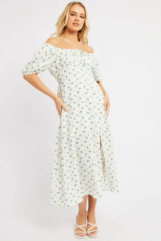 White Ditsy Midi Dress Short Sleeve Side Split sold by Ally Fashion