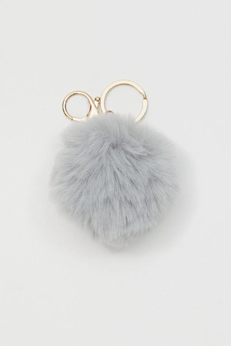 Grey Faux Fur Pom Pom Key Ring sold by Ally Fashion