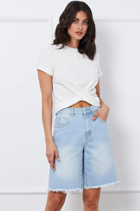 Blue Knee Length Denim Shorts High Rise sold by Ally Fashion