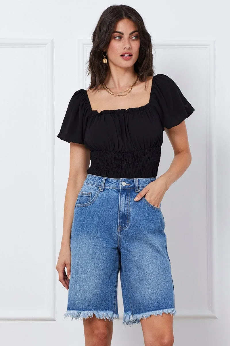 Blue Knee Length Denim Shorts High Rise sold by Ally Fashion