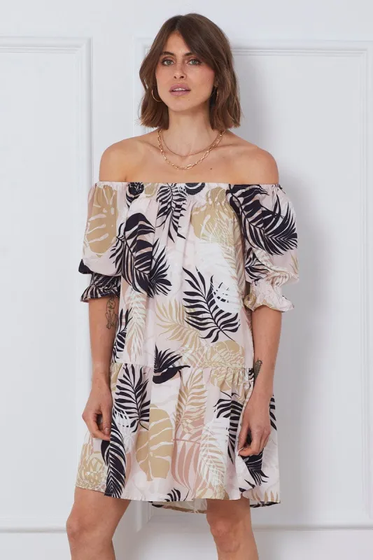 Trop Print Mini Dress Off Shoulder sold by Ally Fashion